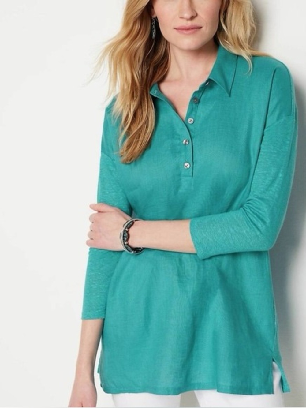 J Jill Love Linen Popover Shirt Womens Large Teal Green 3/4 Sleeve Collared Top